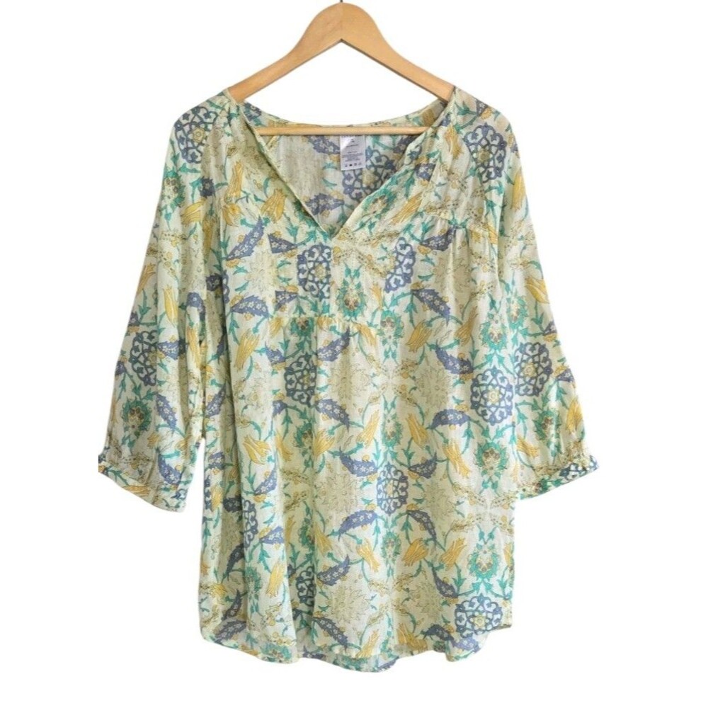 Lands’ End 100% linen Blouse Size 14W Yellow Floral V-Neck 3/4 Sleeve